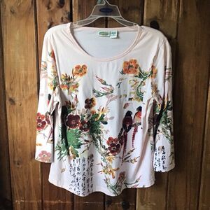Collection Etc Pink Top Sz M Floral Birds Sequins 3/4 Sleeve Artsy Nature Shirt